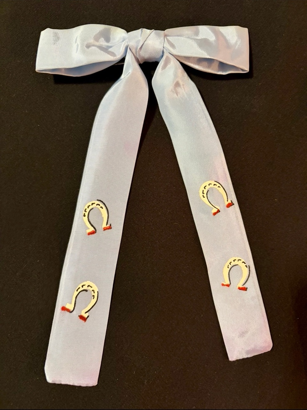 Vintage Ormond Light Blue Satin Clip Bow Tie Horseshoe Embroidery So Neat